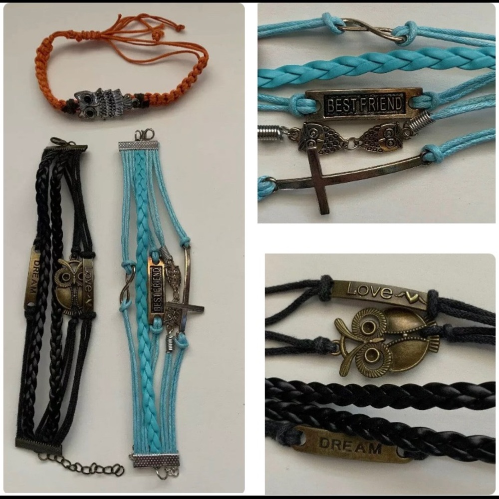 Braided Bracelet Lot Of 3 Owl Theme Orange Blue Black Love Dream